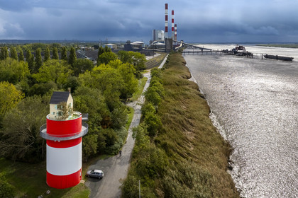 France, Loire Atlantique, Cordemais, open-air contemporary art collection Estuaire, the Villa Cheminée created by the Japanese artist Tatzu Nishi on the banks of the Loire river, work of art but also unusual guest house, Cordemais thermal power plant in the background (aerial view)