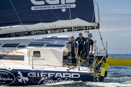 France, Vendee, Les Sables d'Olonne, skipper Manuel Cousin training on his 60-foot monohull sailboat IMOCA Coup de Pouce