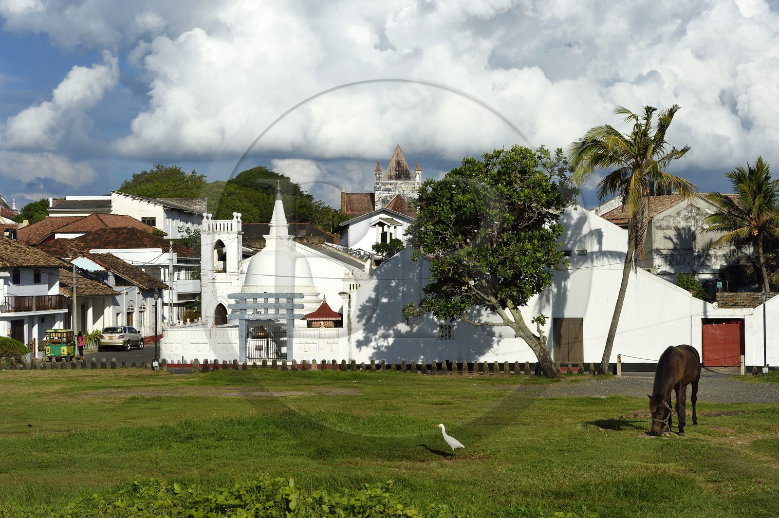 Sri Lanka, Southern Province, Galle Fort, listed as World heritage by UNESCO, Sri Sudharmalaya Buddhist temple in the fort and the All Saints' anglican Church in the background