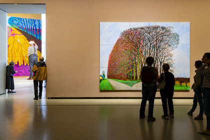 France, Paris, Bois de Boulogne, the Louis Vuitton Foundation by architect Frank Gehry, David Hockney exhibition 25, Bigger Trees near Warter, Winter 2008, oil on 9 canvases