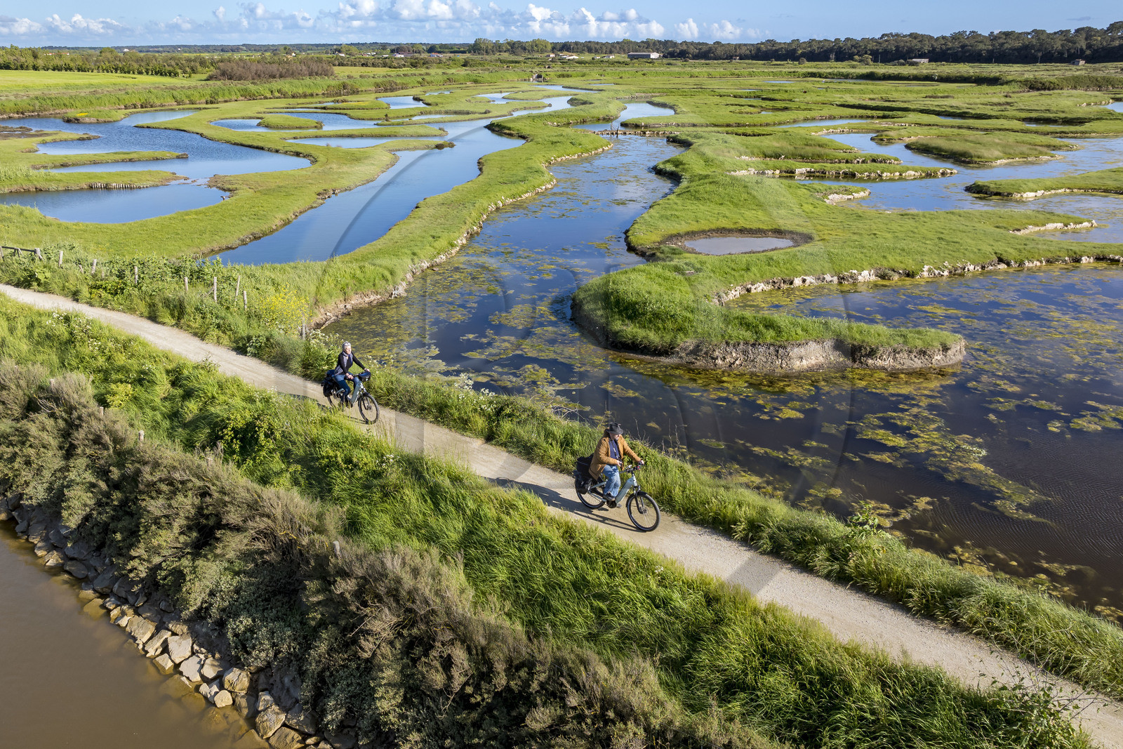 France, Vendée (85), Talmont-Saint-Hilaire, marais de la Guittière dans l'arrière pays de la Pointe du Payré, cycliste sur la piste de la véloroute Vendée Vélo Tour et Vélodyssée au passage du Cul d’Ane, marais aménagés pour la pisciculture de dorades, mulets et anguilles (vue aérienne) France, Vendée (85), Talmont-Saint-Hilaire, marais de la Guittière dans l'arrière pays de la Pointe du Payré, cycliste sur la piste de la véloroute Vendée Vélo Tour et Vélodyssée au passage du Cul d’Ane, marais aménagés pour la pisciculture de dorades, mulets et anguilles (vue aérienne)