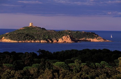France, Corse-du-Sud (2A), la Tour Génoise de l'île de Pinarellu au nord de Porto-Vecchio