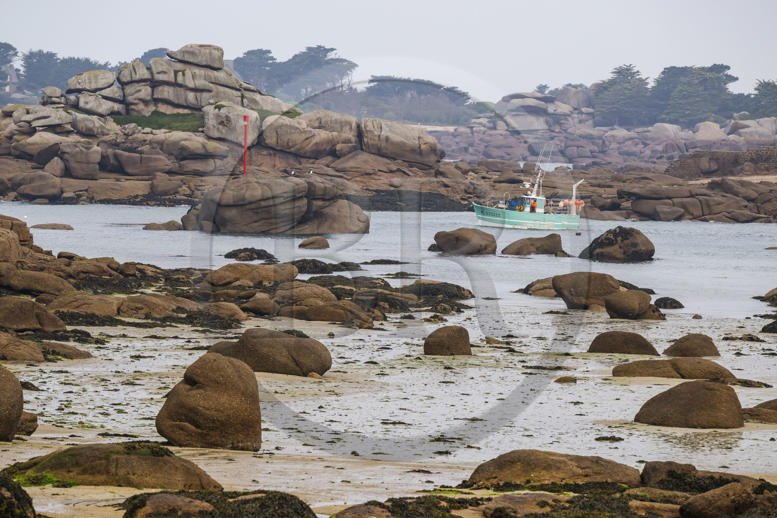 France, Côtes-d'Armor (22), Côte de Granit Rose, Perros-Guirec, bateau de pêche dans le chenal de sortie du port naturel de Ploumanac'h