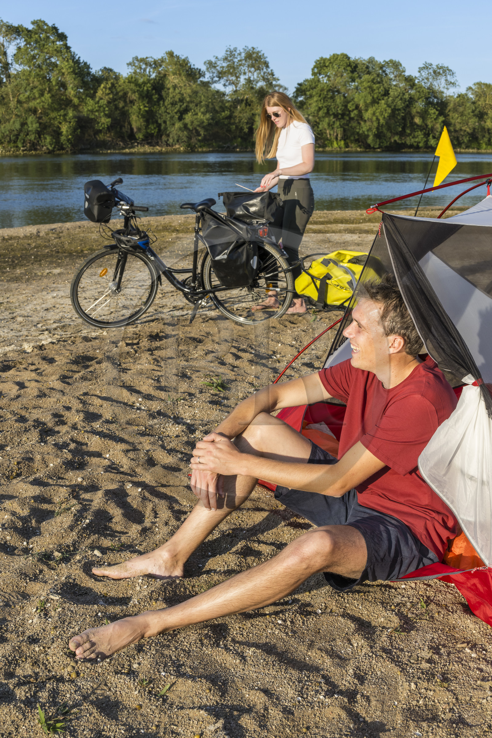 France, Maine-et-Loire, Loire valley listed as World Heritage by UNESCO, Saumur towards Saint-Hilaire, cycling along the banks of the Loire, camping for the night on one of the sandbanks forming islands on the Loire
