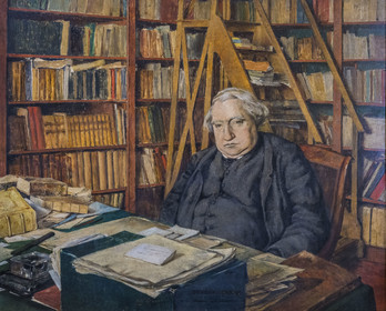 France, Côtes-d'Armor, Tréguier, Ernest-Renan museum, painting representing him in his study at the Collège de France in Paris