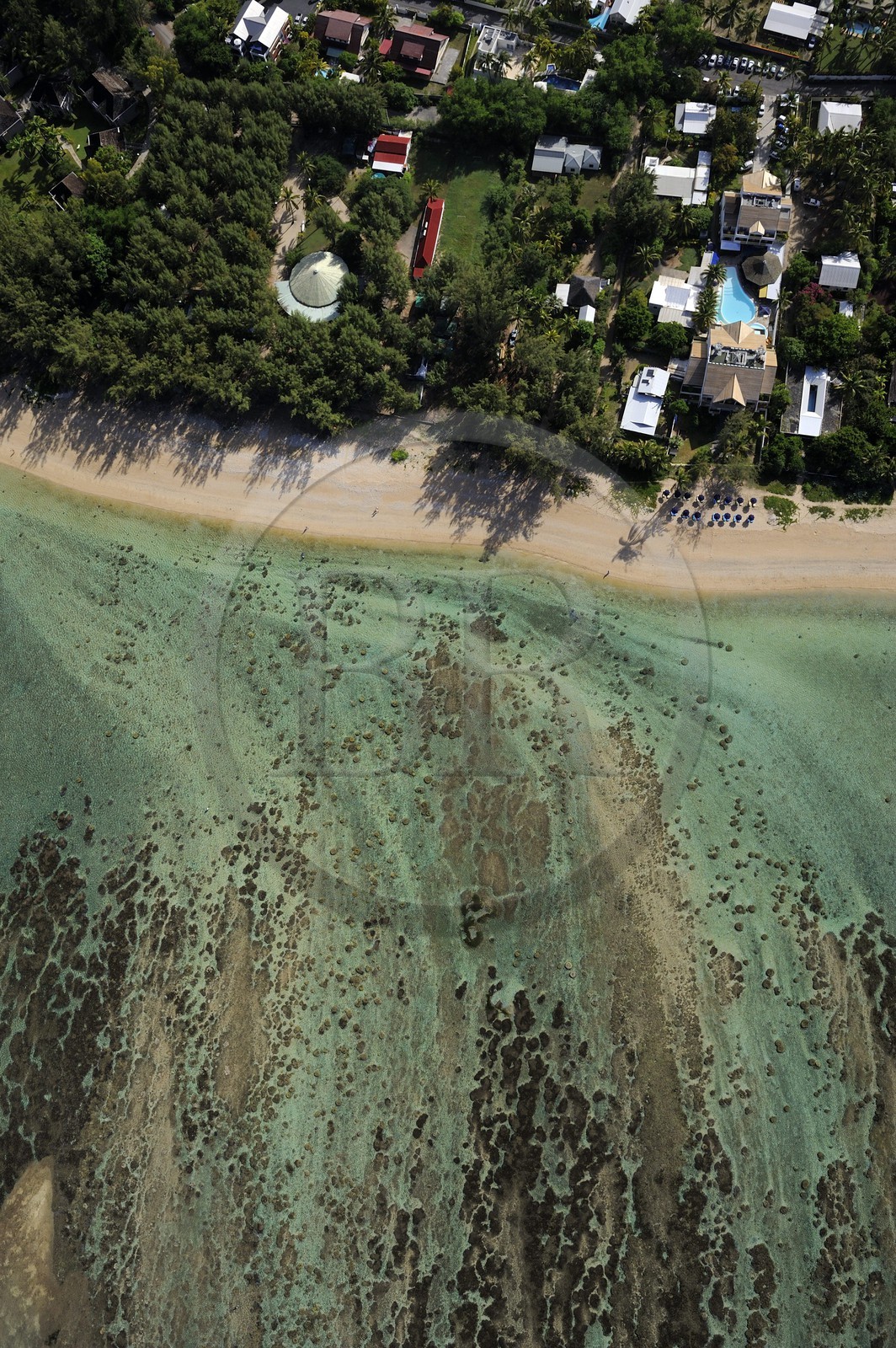 France, Reunion Island (French overseas department), West Coast, Saint Gilles les Bains lagoon at l'Ermitage les Bains (aerial view)