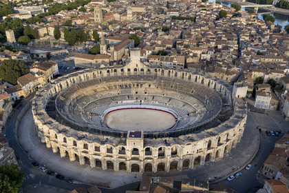 France, Bouches du Rhone, Arles, the Arena, a Roman amphitheater built around 80-90 AD, listed as World heritage by UNESCO, in the heart of the old town (aerial view)