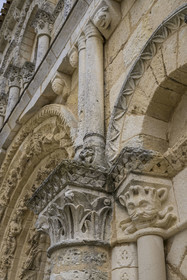 France, Charente Maritime, Echillais, the 12th century Romanesque church of Notre-Dame, classified as a historic monument, the Grand'Goule, capitals of the western facade