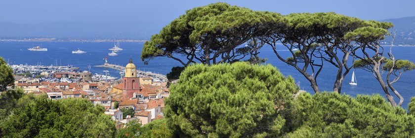 France, Var (83), Saint-Tropez,  église paroissiale Notre-Dame de l'Assomption depuis la citadelle, en arrière-plan Grimaud