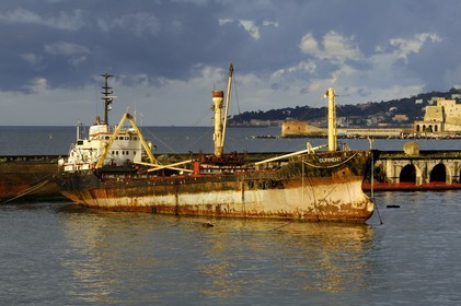 Italy, Campania, Naples, Historic center listed as World Heritage by UNESCO, ship wreck in the outer harbor