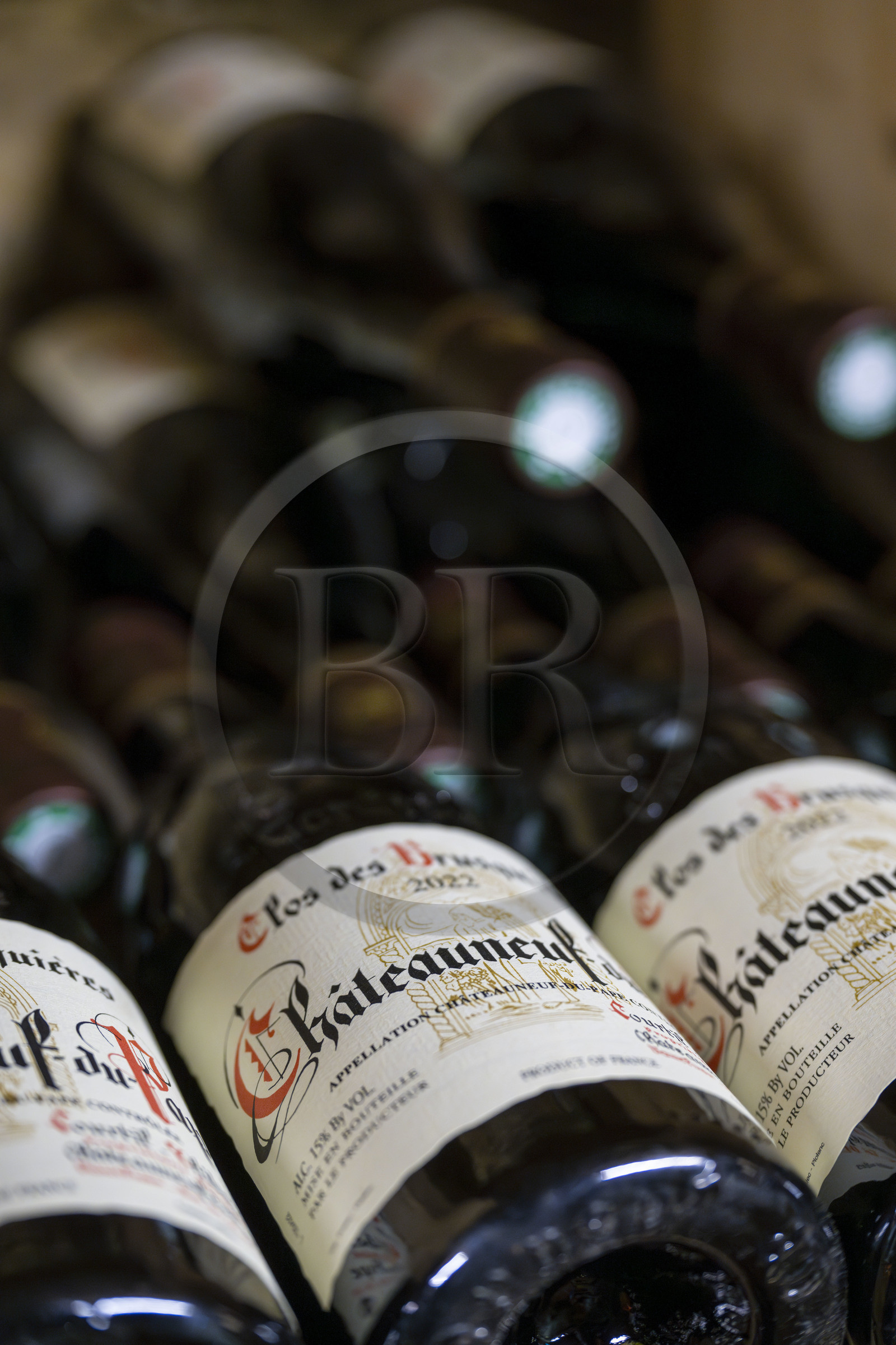 France, Vaucluse (84), Châteauneuf-du-Pape, la Cave du Verger des Papes, bouteilles de vin de Cote du Rhone AOC Châteauneuf du Pape