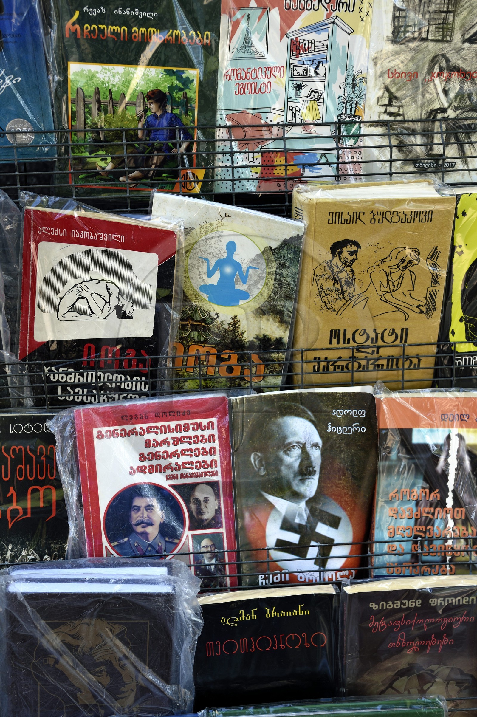 Géorgie, Tbilissi, Shota Rustaveli avenue, librairie de rue, livres sur Hitler et Staline