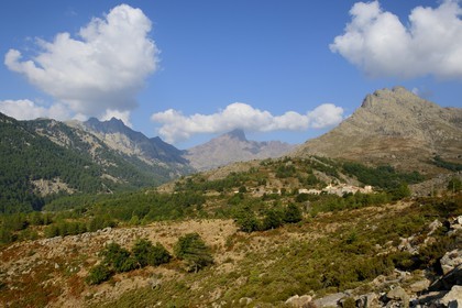 France, Haute-Corse (2B), région du Niolu (Niolo), Calasima plus haut village de Corse (1 095m) au pied de la montagne du Paglia Orba en forme d’aileron de requin
