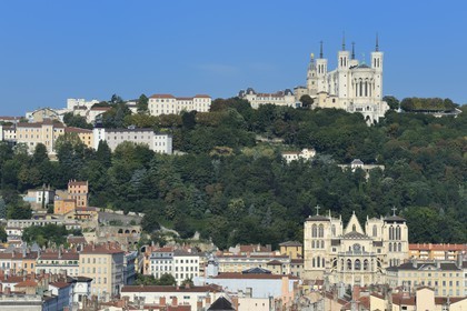 France, Rhone, Lyon, historical site listed as World Heritage by UNESCO, Saint Jean Cathedral (Saint John's Cathedral) in the Vieux Lyon (Old Town) overlooked by Notre Dame de Fourviere basilica