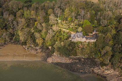 France, Côtes-d'Armor, Plouguiel, the Kestellic Botanical Garden, classified as a remarkable garden and its typically neo-Breton small manor overlooking the Jaudy river (aerial view)
