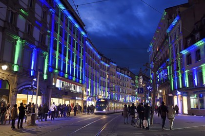 France, Bas Rhin, Strasbourg, christmas lighting, tramway in rue de la Mesange
