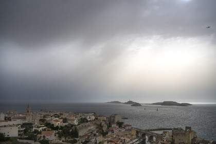 France, Bouches du Rhone, Marseille, Endoume district, Vallon des Auffes, the Frioul archipelago with the Chateau d'If (If castle) in the background