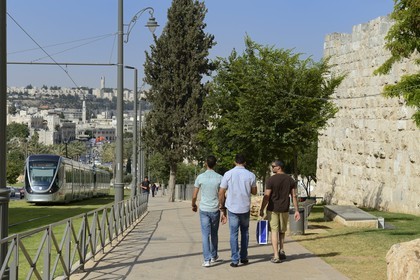 Israel, Jerusalem light rail along the walls of the old city, the line is 13.9 kilometers (8.6 mi) long with 23 stops and the train began to run on August 19, 2011