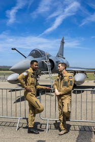 France, Bouches du Rhone, Salon de Provence, air base 701, base of the Patrouille de France (PAF for Patrouille acrobatique de France) of the French Air and Space Force, aerial demonstrations in the presence of the families of the student officers for the Echange des Gardes ceremony, a Mirage 2000-5 aircraft presented on the tarmac