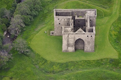 United Kingdom, Scotland, Borders, Liddesdale, Newcastleton, Hermitage Castle built in the 14th and 15th centuries (aerial view)