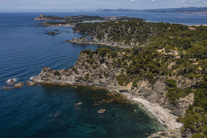 France, Var, Six Fours les Plages, hike in the Cap Sicie massif, Mont Salva beach towards Le Brusc and the Embiez archipelago in the background (aerial view)