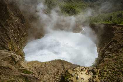 Caribbean, Dominica Island, Castle Bruce, Morne Trois Pitons National Park listed as World heritage by UNESCO, Valley of Desolation, the Boiling Lake, the second largest flooded fumarole boiling lake in the world (aerial view)