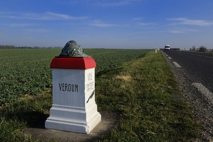 France, Meuse, Verdun area, kilometre marker of the Voie Sacrée (Sacred Way) along the road from Verdun to Bar le Duc