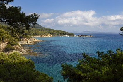 France, Var, Bormes les Mimosas, view from Brégancon Fort on Pointe de la Galère, in the background the Levant Islands