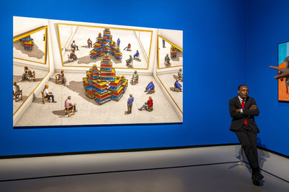 France, Paris, Bois de Boulogne, the Louis Vuitton Foundation by architect Frank Gehry, David Hockney exhibition 25, Spectators looking at a ready-made with skull and mirrors (2018)