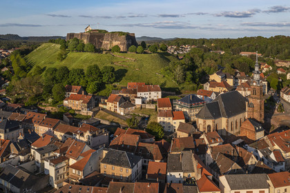 France, Moselle, Parc regional des Vosges du nord (Northern Vosges Regional Natural Park), Bitche, the citadel fortified by Vauban (aerial view)