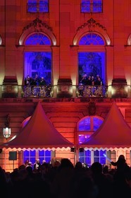 France, Meurthe-et-Moselle, Nancy, place Stanislas (former Place Royale) during the feast of Saint-Nicolas, listed as World Heritage by UNESCO, the Fanfare des Enfants du Boucher (Butcher's Children's Marching Band) plays from the Opera National de Lorraine