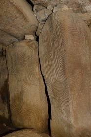 France, Morbihan, Gavrinis Cairn dated 3500 BC, decorated slabs from the Gavrinis passage