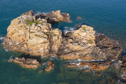France, Cotes-d'Armor, Cote d'Ajoncs, Plougrescant, rocks at a place called La Pointe du Chateau (aerial view)