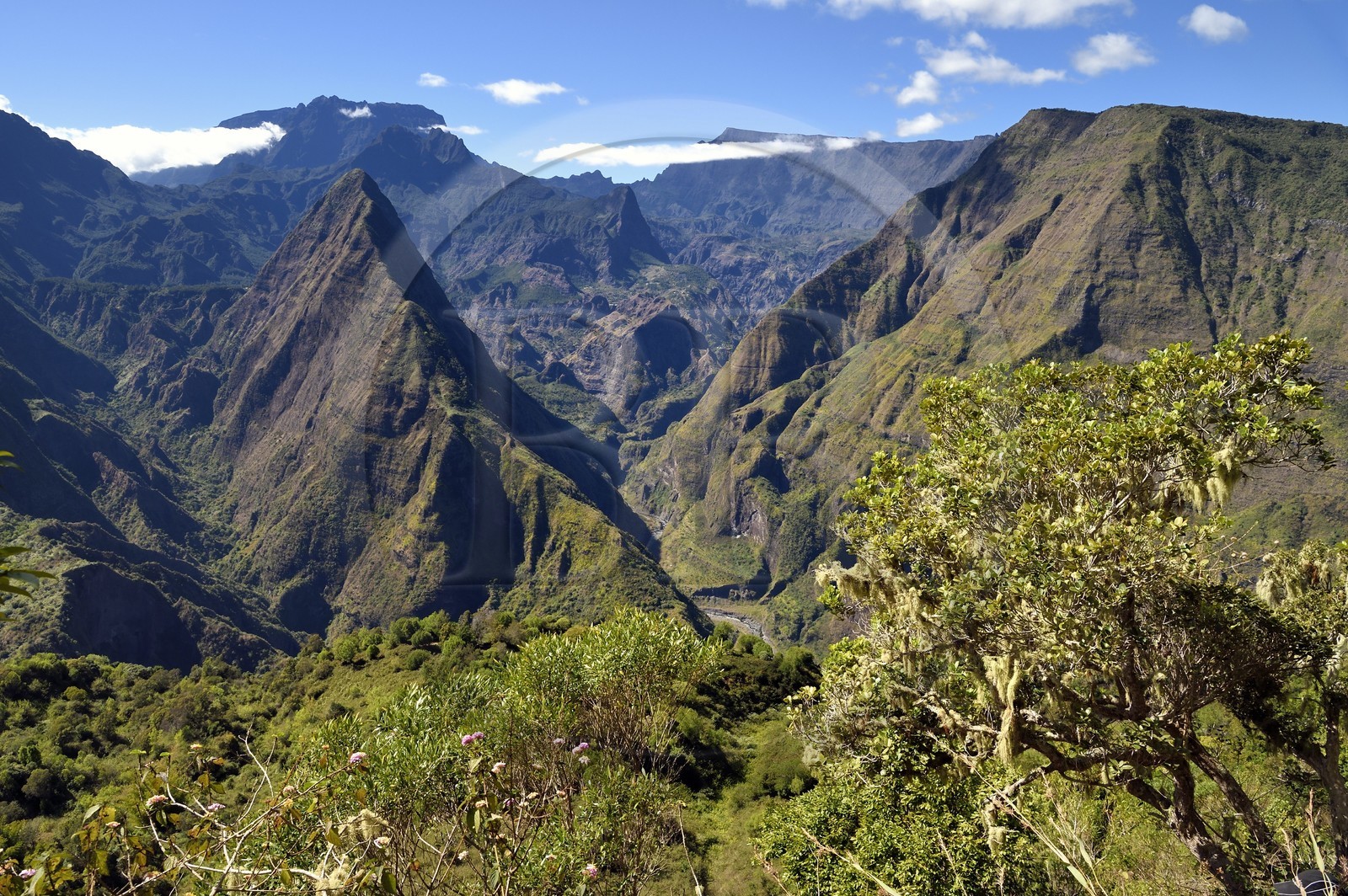 France, Ile de la Reunion, Parc National de la Réunion classé Patrimoine Mondial de l'UNESCO, La Possession, vers le village de Dos d'Ane, randonnée de la Roche Bouteille par le sentier Cap Noir, Piton Cabris à gauche dans le Cirque de Mafate
