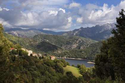 France, Corse du Sud, Prunelli river valley,  the village of Tolla at the edge of the artificial lake of Tolla