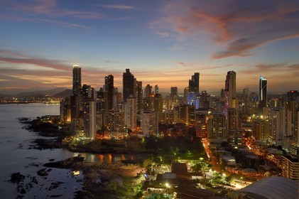 Panama, Panama City, waterfront skyscrapers of Punta Paitillia district after sunset
