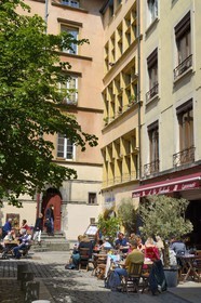 France, Rhone, Lyon, historical site listed as World Heritage by UNESCO, St. Paul neighborhood in the Vieux Lyon (Old Town), Place du Gouvernement and Bouchons Lyonnais (typical and traditional restaurants of Lyon)