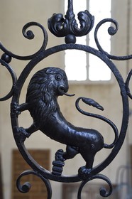 France, Bouches du Rhone, Arles, the hotel de Vernon (18th century mansion) property of the Dervieux family for four generations, lion decorating the stair railing