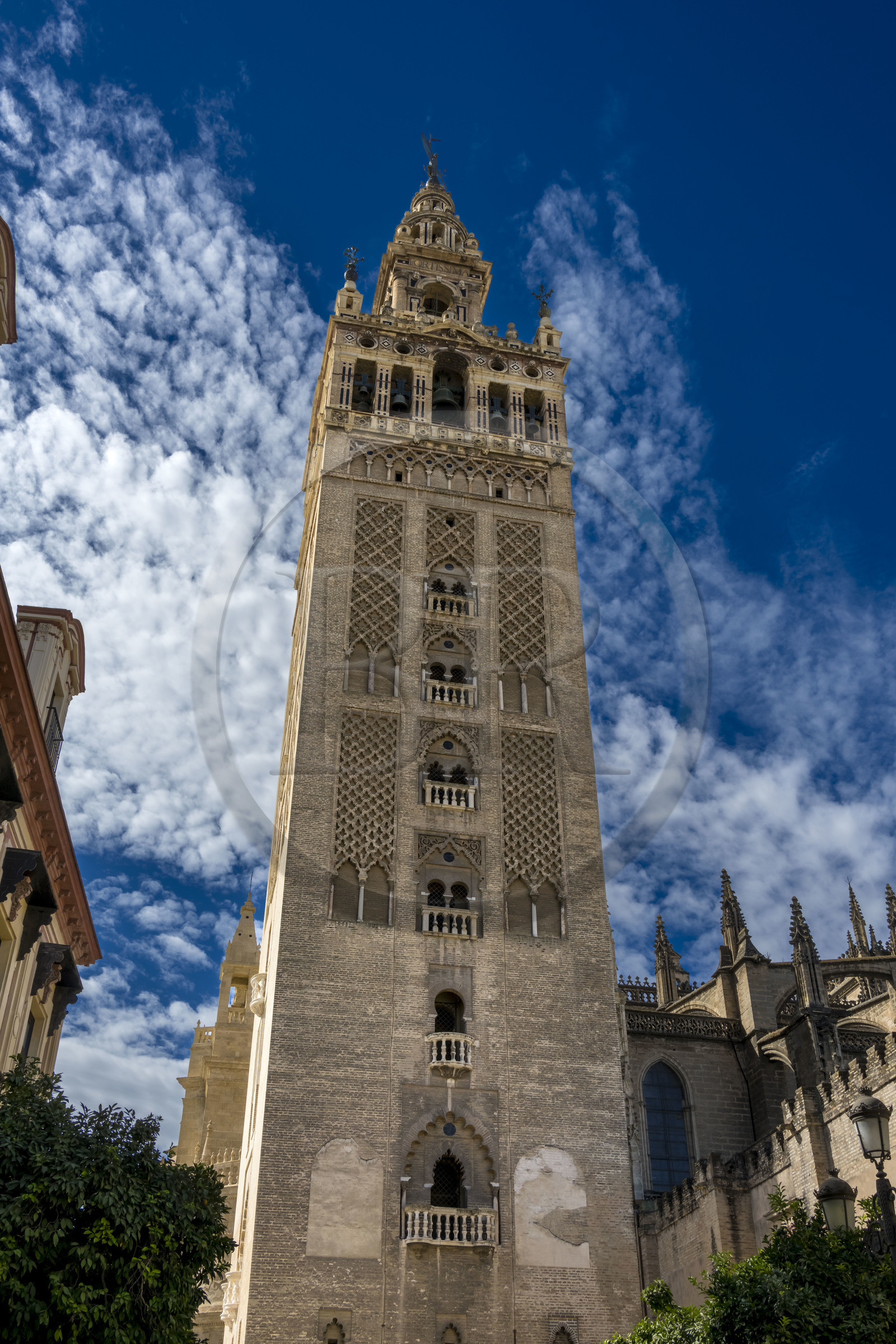Espagne, Andalousie, Séville, quartier de Santa Cruz, la Giralda, ancien minaret almohade de la Grande Mosquée reconverti en clocher de la cathédrale, classé Patrimoine Mondial de l'UNESCO