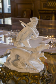 France, Oise, Chantilly, the castle of Chantilly, the Condé museum, biscuit porcelain representing a hunting scene as a table decoration