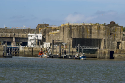 France, Loire Atlantique, Saint Nazaire, the former German submarine bases built during the last world war border the dock of the port of Saint-Nazaire, East Lock and the bunker lock