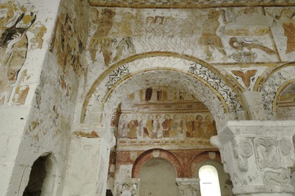 France, Loir et Cher, Lavardin, labelled Les Plus Beaux Villages de France (The Most Beautiful Villages of France), St Genest Church in Romanesque style of the 11th century, Romanesque frescoes dating from the 12th to the 15th century