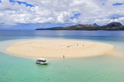 France, Mayotte island (French overseas department), Grande-Terre, M'Tsamoudou, islet of white sand on the coral reef in the lagoon facing Saziley Point (aerial view)