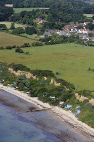 United Kingdom, England, Hampshire, Isle of Wight, Bembridge, beach huts (aerial view)