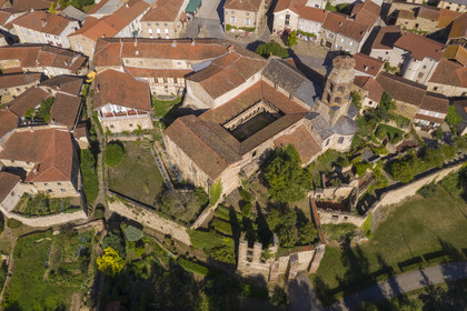 France, Haute Loire, Lavaudieu, labelled Les Plus Beaux Villages de France (The Most Beautiful Villages of France), the former Saint Andre (St Andrew) abbey in Auvergne Romanesque style (aerial view)