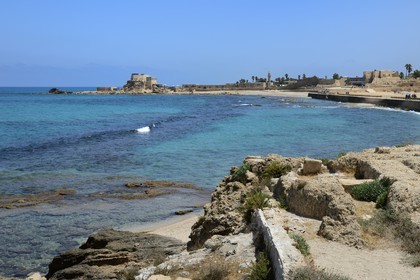 Israel, Haifa District, Caesarea (Caesarea Maritima), ruins of Caesarea and the Christian Crusaders' citadel in the background