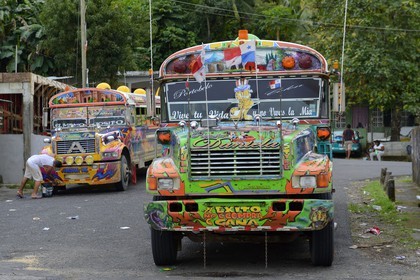 Panama, Colon province, Portobelo, bus called Diablo Rojo (Red Devil) covered with garish paintings