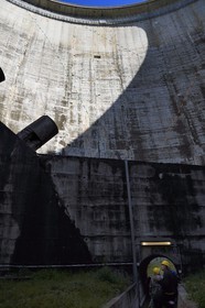 France, Alpes de Haute Provence, the lake of Castillon dam which retains the waters of the Verdon river, giant sundial on the 100 meters high wall
