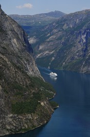 Norway, More Og Romsdal, cruise ship in the Geirangerfjord (aerial view)