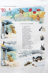 France, Aisne (02), Château-Thierry, Musée Jean de La Fontaine - Ville de Chateau-Thierry, livre des Fables de La Fontaine illustrées par Benjamin Rabier, Edition Jules Tallandier, 1906, in-folio, la Cigale et la Fourmi fable I du livre I